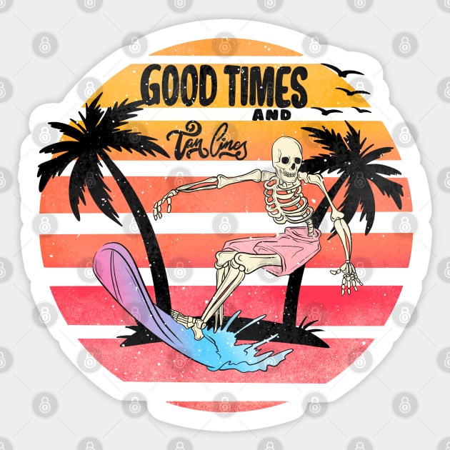 "Good Times & Tan Lines" Surfing Skeleton Sticker by FlawlessSeams